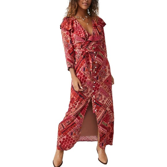 FREE PEOPLE LENNON MAXI DRESS PRIMROSE COMBO CORAL PINK M NWT - Picture 12 of 13